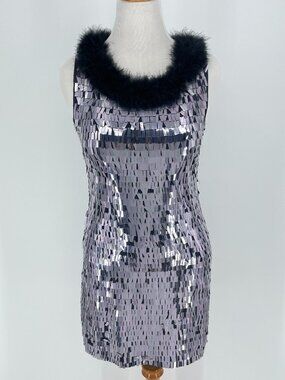 Tory Burch Silver Paillette Sequin Silk Dress Feather Trim Size 6